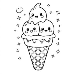 Một chiếc kem ốc quế kawaii với hai muỗng dễ thương xếp chồng lên nhau — mỗi muỗng có khuôn mặt hạnh phúc nhỏ xíu của riêng nó. Các cạnh nhỏ giọt được đơn giản hóa. Hình nón bánh quế có kết cấu đường tối thiểu. Thêm những đám mây nhỏ, ngôi sao và lấp lánh xung quanh. Đường viền đậm, không có chi tiết nhỏ, dễ tô màu.

---