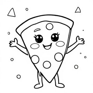 Lát bánh pizza hình tam giác rộng với những giọt phô mai tan chảy mịn, những vòng tròn pepperoni nhỏ và khuôn mặt kawaii tươi cười với đôi mắt tròn sáng. Cánh tay dang sang hai bên, đôi chân nhỏ. Nền bao gồm các hình dạng hình học đơn giản như hình tam giác và hình tròn. Đường viền dày, thân thiện với trẻ em.