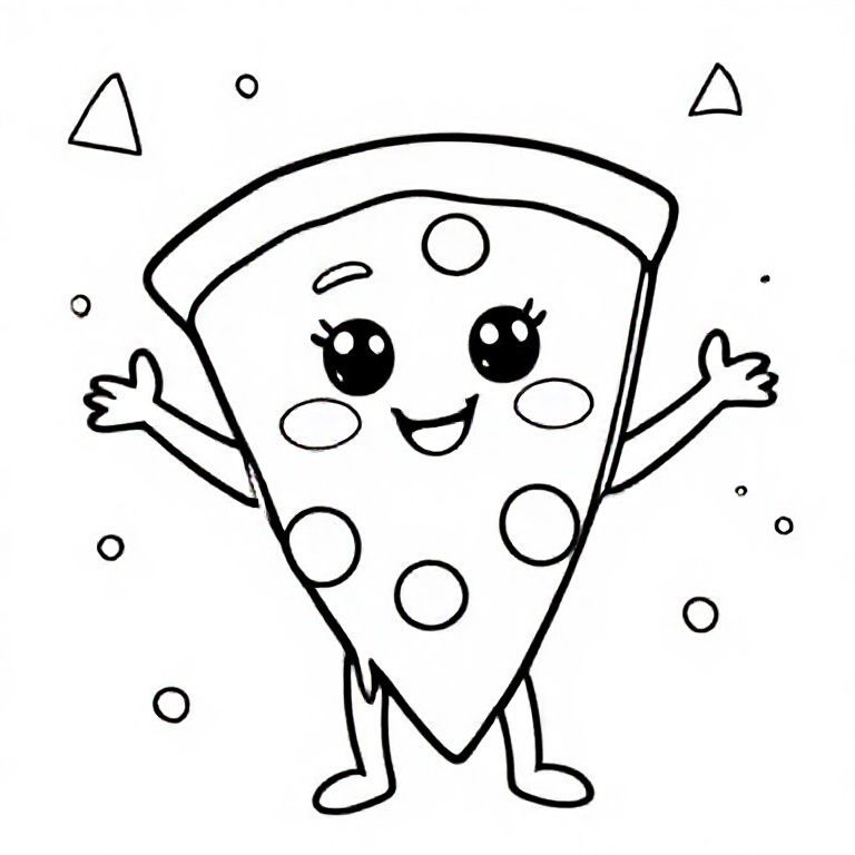 Lát bánh pizza hình tam giác rộng với những giọt phô mai tan chảy mịn, những vòng tròn pepperoni nhỏ và khuôn mặt kawaii tươi cười với đôi mắt tròn sáng. Cánh tay dang sang hai bên, đôi chân nhỏ. Nền bao gồm các hình dạng hình học đơn giản như hình tam giác và hình tròn. Đường viền dày, thân thiện với trẻ em.