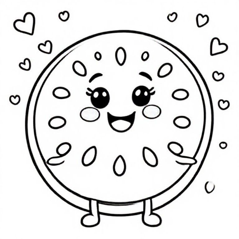 
Một lát dưa hấu kawaii ngon ngọt với các cạnh tròn, khuôn mặt to hạnh phúc ở giữa, hạt đơn giản cách đều nhau, cánh tay và chân nhỏ. Thêm sóng, trái tim và hình dạng vui nhộn đơn giản trong nền. Đường viền màu đen đậm, chi tiết tối thiểu.