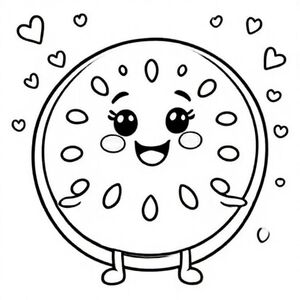 
Một lát dưa hấu kawaii ngon ngọt với các cạnh tròn, khuôn mặt to hạnh phúc ở giữa, hạt đơn giản cách đều nhau, cánh tay và chân nhỏ. Thêm sóng, trái tim và hình dạng vui nhộn đơn giản trong nền. Đường viền màu đen đậm, chi tiết tối thiểu.