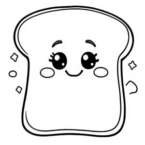 Một lát bánh mì mềm, tròn với đường viền lớp vỏ giòn. Biểu cảm dễ thương với đôi mắt to lấp lánh và nụ cười cong. Thêm những đám mây bơ nhỏ hoặc hình bánh mì nướng phía sau nó. Đường viền dày, sạch sẽ và đơn giản.