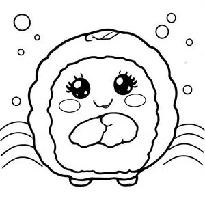 Một nhân vật cuộn sushi dễ thương với thân cơm mịn, dải nori đơn giản, đôi mắt to sáng bóng và má ửng hồng. Mẫu trên cùng được đơn giản hóa — có thể là đường cá hồi hoặc chấm đơn giản. Nền bao gồm các mẫu sóng mềm và bong bóng. Đường viền dày đậm, phong cách tô màu thân thiện với trẻ em