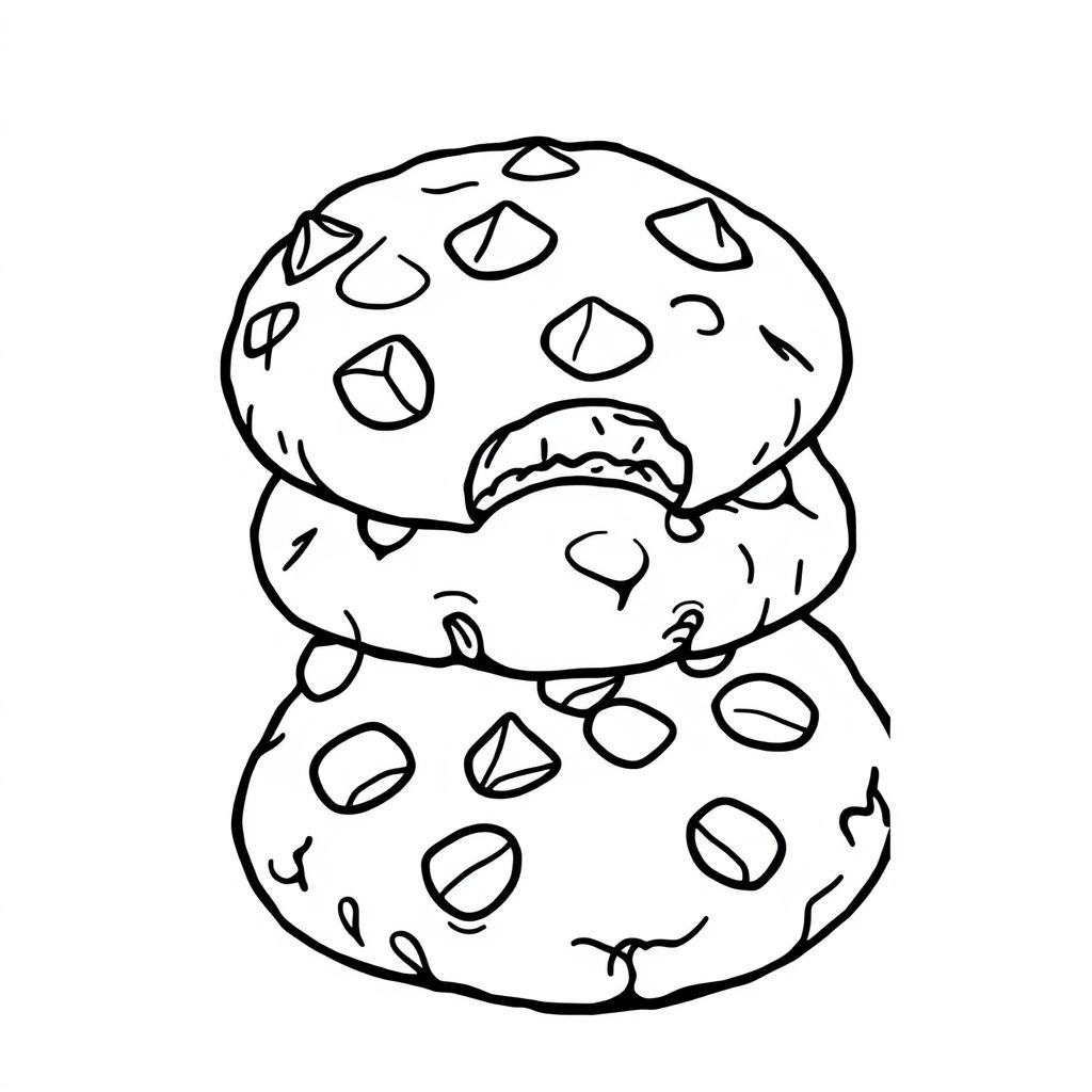   Một chiếc bánh quy tròn với các cạnh hơi không đồng đều cho kết cấu, đôi mắt to dễ thương, nụ cười dễ thương và vụn sô cô la rải rác (hình tròn hoặc hình bầu dục đơn giản). Cánh tay và chân nhỏ và dễ thương. Nền bao gồm các mảnh vụn nhỏ, ngôi sao và trái tim. Các đường nét bên ngoài đậm mượt mà.