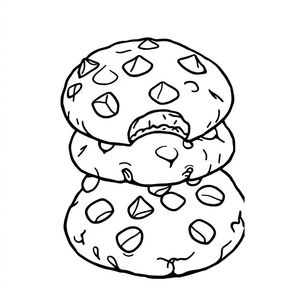   Một chiếc bánh quy tròn với các cạnh hơi không đồng đều cho kết cấu, đôi mắt to dễ thương, nụ cười dễ thương và vụn sô cô la rải rác (hình tròn hoặc hình bầu dục đơn giản). Cánh tay và chân nhỏ và dễ thương. Nền bao gồm các mảnh vụn nhỏ, ngôi sao và trái tim. Các đường nét bên ngoài đậm mượt mà.