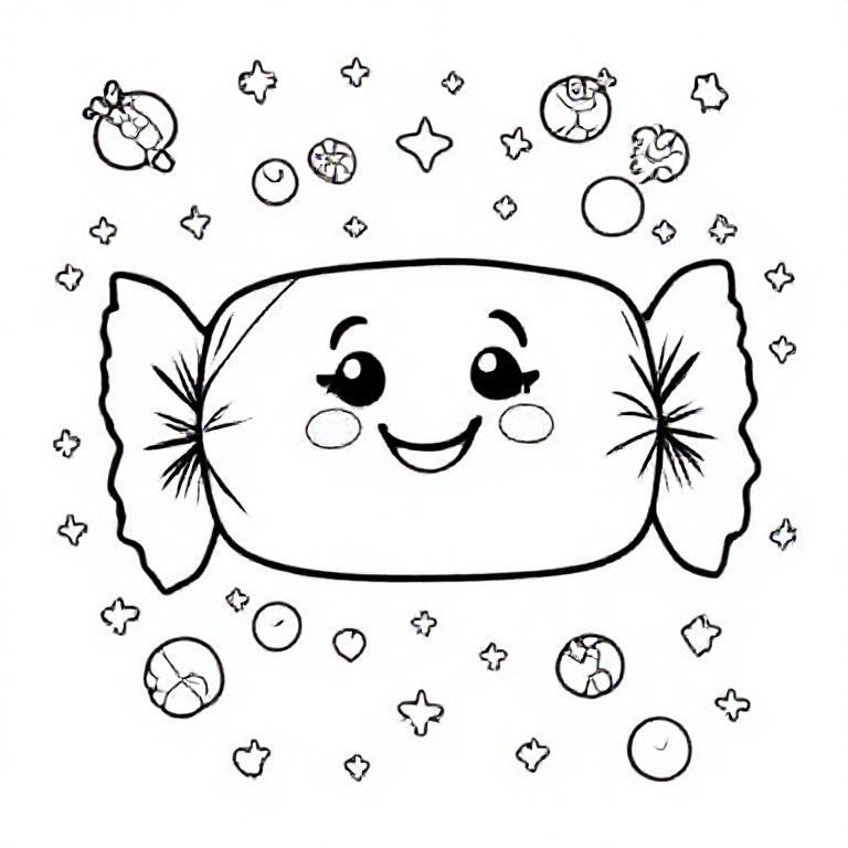 Một viên kẹo bọc kawaii với các cạnh tròn và hình nơ mềm mại ở cả hai đầu. Khuôn mặt tươi cười ở giữa. Bao quanh là những viên kẹo nổi, những ngôi sao và những vòng xoáy nhỏ. Đường viền dày, sạch sẽ với nhiều không gian màu mở.