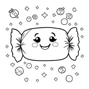 Một viên kẹo bọc kawaii với các cạnh tròn và hình nơ mềm mại ở cả hai đầu. Khuôn mặt tươi cười ở giữa. Bao quanh là những viên kẹo nổi, những ngôi sao và những vòng xoáy nhỏ. Đường viền dày, sạch sẽ với nhiều không gian màu mở.