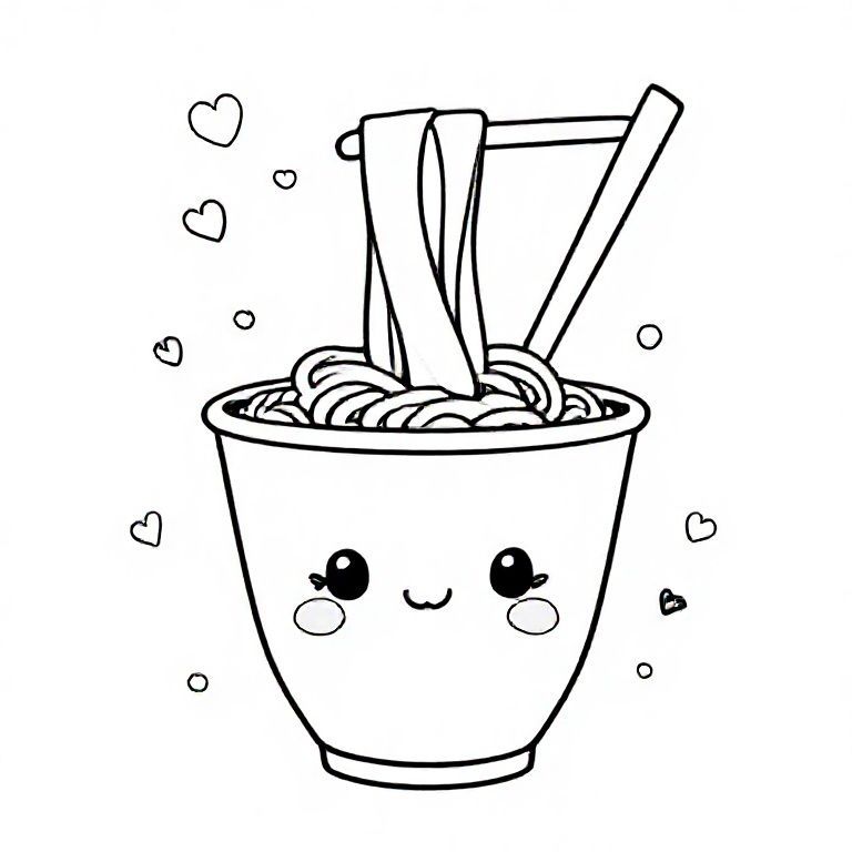 Một chén mì dễ thương với khuôn mặt dễ thương trên cốc, những đường mì đơn giản nhô ra ở phía trên và đũa góc cạnh nhẹ nhàng. Nền tối thiểu: những vòng xoáy nhỏ, lấp lánh và trái tim. Đường viền đậm mịn, không có chi tiết nhỏ.