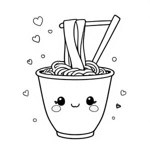Một chén mì dễ thương với khuôn mặt dễ thương trên cốc, những đường mì đơn giản nhô ra ở phía trên và đũa góc cạnh nhẹ nhàng. Nền tối thiểu: những vòng xoáy nhỏ, lấp lánh và trái tim. Đường viền đậm mịn, không có chi tiết nhỏ.