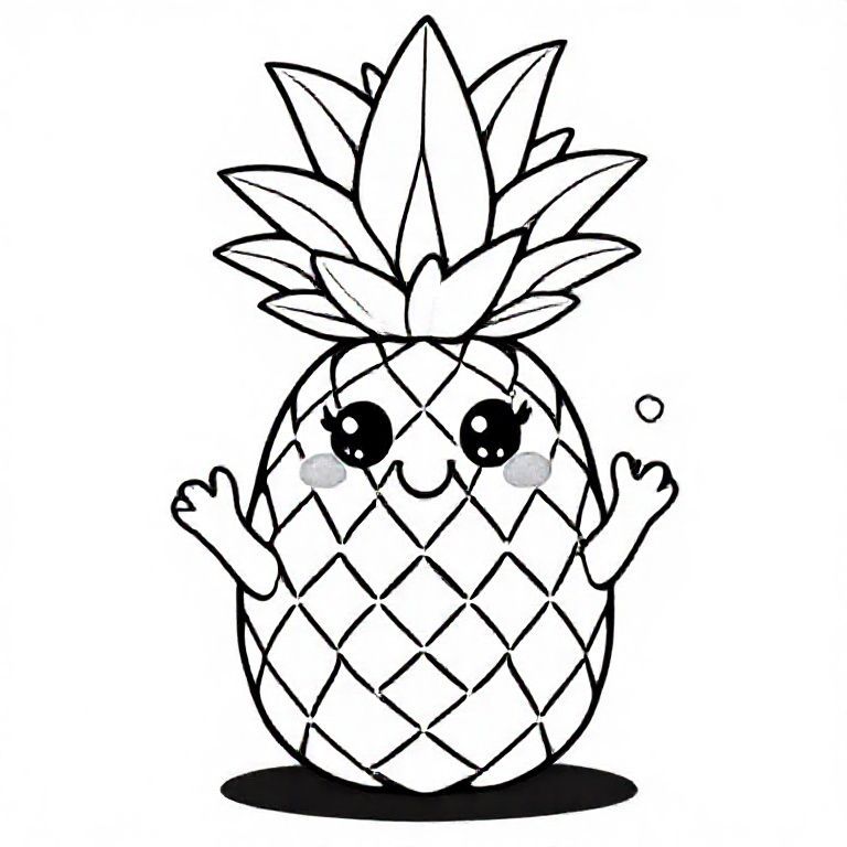 
Một quả dứa kawaii với vương miện lá lớn, kết cấu kim cương đơn giản, đôi mắt to lấp lánh và nụ cười tròn trịa. Bàn tay vẫy tay hạnh phúc. Thêm các hình vẽ nguệch ngoạc nhiệt đới nhỏ như lá nhỏ và hình tròn. Đường viền dày đậm, hoàn hảo cho trẻ em.