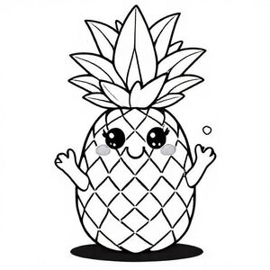 
Một quả dứa kawaii với vương miện lá lớn, kết cấu kim cương đơn giản, đôi mắt to lấp lánh và nụ cười tròn trịa. Bàn tay vẫy tay hạnh phúc. Thêm các hình vẽ nguệch ngoạc nhiệt đới nhỏ như lá nhỏ và hình tròn. Đường viền dày đậm, hoàn hảo cho trẻ em.