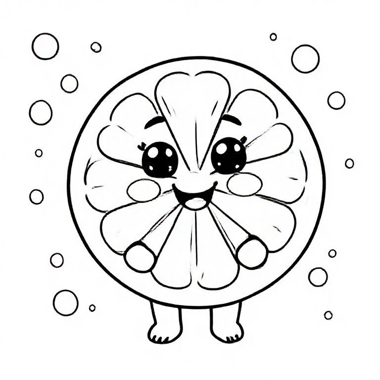 Một lát chanh tròn với vỏ dày, đường nêm đơn giản và khuôn mặt dễ thương hạnh phúc. Bàn tay nhỏ xíu, bàn chân nhỏ xíu, biểu cảm vui vẻ to lớn. Nền bao gồm các giọt nước, bong bóng và những ngôi sao nhỏ. Làm sạch các đường viền dày.