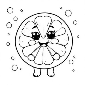 Một lát chanh tròn với vỏ dày, đường nêm đơn giản và khuôn mặt dễ thương hạnh phúc. Bàn tay nhỏ xíu, bàn chân nhỏ xíu, biểu cảm vui vẻ to lớn. Nền bao gồm các giọt nước, bong bóng và những ngôi sao nhỏ. Làm sạch các đường viền dày.