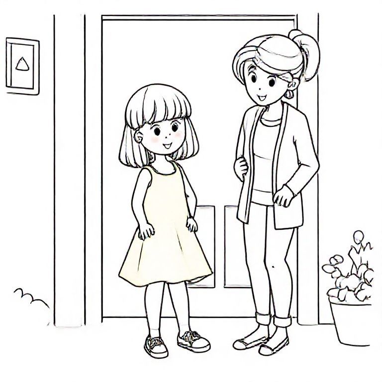 Line art, Molly — 6-year-old girl with shoulder-length light brown hair and bangs, wearing a yellow dress — puts on her shoes near Mom (light brown ponytail, cardigan). By the front door. Same Molly and Mom in every scene. Kid-friendly coloring page