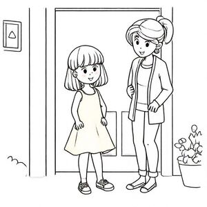 Line art, Molly — 6-year-old girl with shoulder-length light brown hair and bangs, wearing a yellow dress — puts on her shoes near Mom (light brown ponytail, cardigan). By the front door. Same Molly and Mom in every scene. Kid-friendly coloring page
