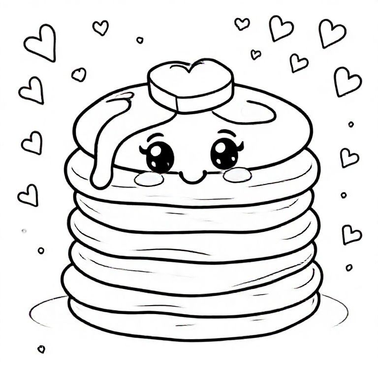 A cute stack of three fluffy pancakes with smooth rounded edges, dripping syrup simplified into soft curves, a pat of butter on top shaped like a tiny heart, big shiny kawaii eyes on the middle pancake, blushing cheeks, tiny arms and legs. Background includes small stars, hearts, and simple breakfast doodles. Thick bold outlines, clean kids’ colouring style.