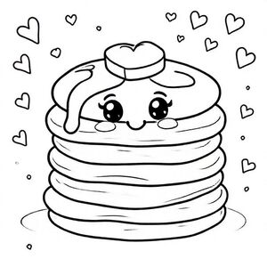 A cute stack of three fluffy pancakes with smooth rounded edges, dripping syrup simplified into soft curves, a pat of butter on top shaped like a tiny heart, big shiny kawaii eyes on the middle pancake, blushing cheeks, tiny arms and legs. Background includes small stars, hearts, and simple breakfast doodles. Thick bold outlines, clean kids’ colouring style.