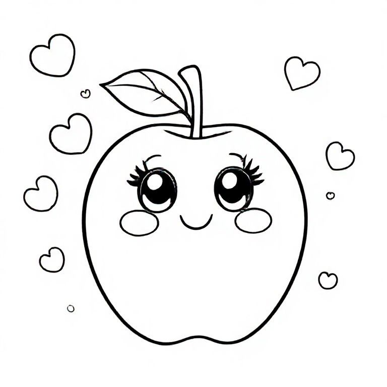 A round kawaii apple with a single curved leaf on top, shiny big eyes with highlights, a tiny smiling mouth, simple stem, soft curved shapes. Add playful floating shapes like circles, hearts, and mini apples in the background. Thick lines, minimal detail.