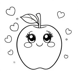A round kawaii apple with a single curved leaf on top, shiny big eyes with highlights, a tiny smiling mouth, simple stem, soft curved shapes. Add playful floating shapes like circles, hearts, and mini apples in the background. Thick lines, minimal detail.