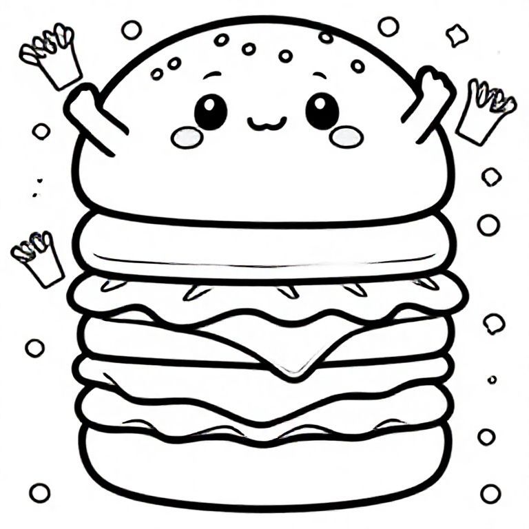 A soft, rounded burger with simplified layers—smooth bun with sesame seeds, cute lettuce curve, cheese square with soft edges, and a tiny patty. A big kawaii face on the top bun, little arms waving. Background has mini fries, stars, and dots. Bold black outlines, kid-friendly.
