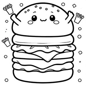 A soft, rounded burger with simplified layers—smooth bun with sesame seeds, cute lettuce curve, cheese square with soft edges, and a tiny patty. A big kawaii face on the top bun, little arms waving. Background has mini fries, stars, and dots. Bold black outlines, kid-friendly.