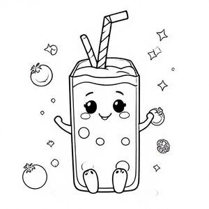 A smiling juice box with rounded edges, striped straw popping out from the top, kawaii face in the center, tiny arms and feet. Background includes simple fruit icons and sparkles. Thick bold outlines and large open spaces for colouring.