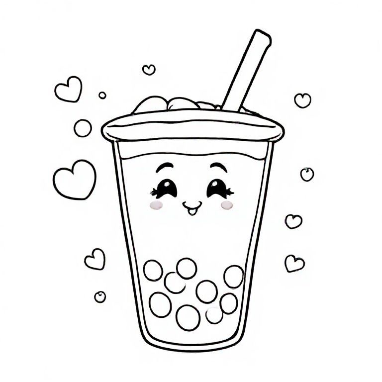 A round bubble tea cup with soft curves, adorable face on the cup, big tapioca pearls drawn as simple circles, thick straw angled upward. Add tiny hearts, stars, and bubbles in background. Clean bold lines, no small details.