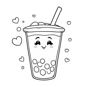 A round bubble tea cup with soft curves, adorable face on the cup, big tapioca pearls drawn as simple circles, thick straw angled upward. Add tiny hearts, stars, and bubbles in background. Clean bold lines, no small details.