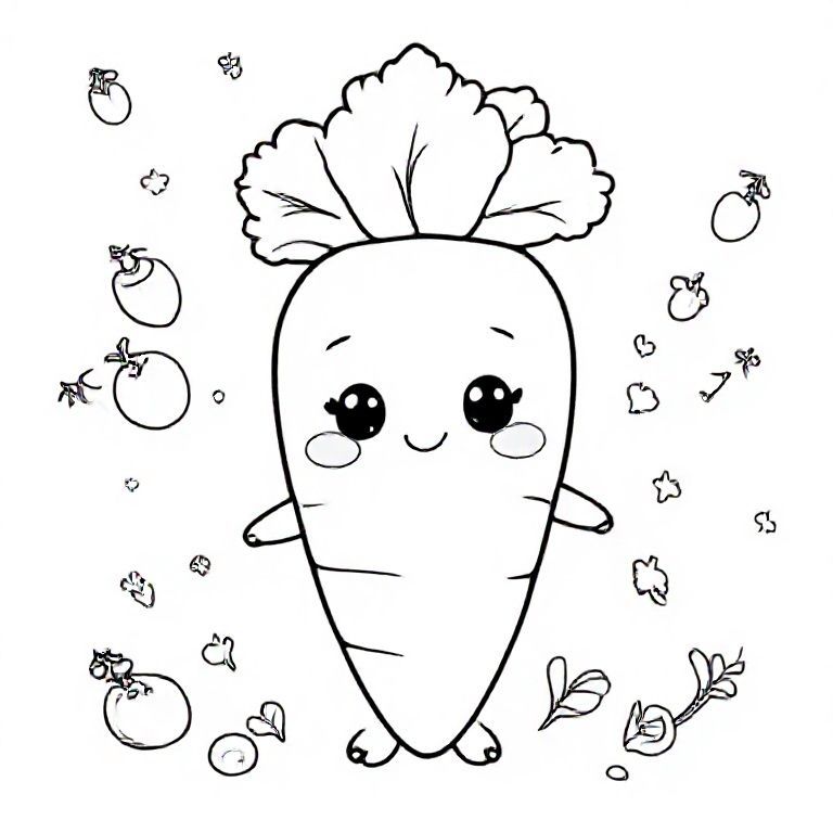 A soft, rounded carrot with a fluffy leafy top, big kawaii eyes, small curved smile, tiny feet and arms. Add small veggies, stars, and leaves around it for a playful background. Thick outline, child-friendly.