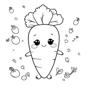 A soft, rounded carrot with a fluffy leafy top, big kawaii eyes, small curved smile, tiny feet and arms. Add small veggies, stars, and leaves around it for a playful background. Thick outline, child-friendly.