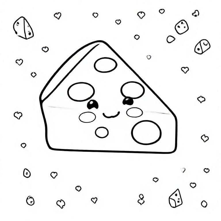 A triangular cheese slice with softened corners, cute holes drawn as simple round shapes, smiling kawaii face, small blushing cheeks. Background includes tiny cheese doodles, stars and hearts. Bold thick lines.