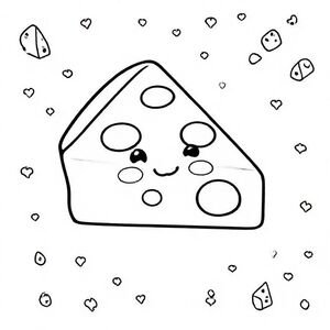 A triangular cheese slice with softened corners, cute holes drawn as simple round shapes, smiling kawaii face, small blushing cheeks. Background includes tiny cheese doodles, stars and hearts. Bold thick lines.