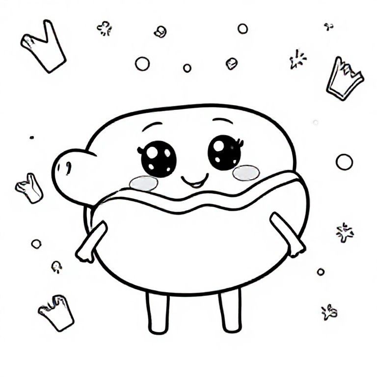 kawaii hotdog with a puffy bun, smooth sausage shape, wavy ketchup line, friendly big-eyed expression, short arms and legs. Background with simple doodles like mini fries, circles, and sparkles. Clean thick outlines.