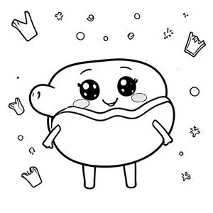 kawaii hotdog with a puffy bun, smooth sausage shape, wavy ketchup line, friendly big-eyed expression, short arms and legs. Background with simple doodles like mini fries, circles, and sparkles. Clean thick outlines.