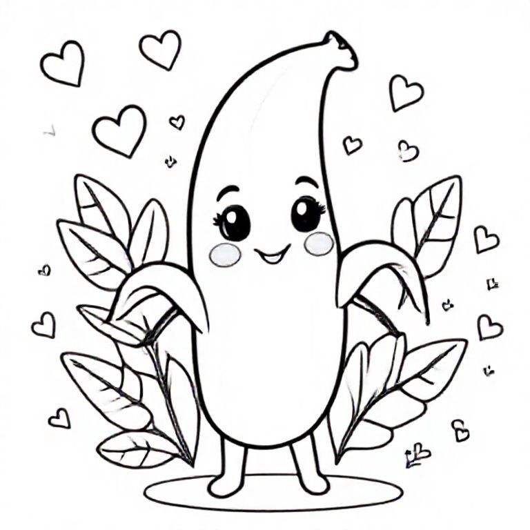 Một nhân vật chuối dễ thương với vỏ mở ra thành ba phần cong, mặt tròn mềm mại trên quả chính, đôi mắt sáng bóng, bàn tay nhỏ. Bối cảnh bao gồm lá, trái tim và ngôi sao nhiệt đới đơn giản. Đường viền màu đen dày.