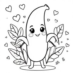 Một nhân vật chuối dễ thương với vỏ mở ra thành ba phần cong, mặt tròn mềm mại trên quả chính, đôi mắt sáng bóng, bàn tay nhỏ. Bối cảnh bao gồm lá, trái tim và ngôi sao nhiệt đới đơn giản. Đường viền màu đen dày.