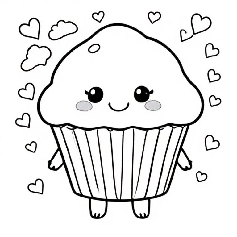 Một chiếc bánh nướng xốp tròn mịn với những vết sưng nhỏ, đôi mắt và má dễ thương mỉm cười, giấy gói bánh cupcake đơn giản với các đường thẳng đứng, cánh tay và bàn chân nhỏ xíu. Thêm hình dạng đám mây mềm, ngôi sao và trái tim làm nền. Đường viền dày đậm, dễ tô màu.
