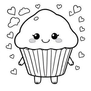 Một chiếc bánh nướng xốp tròn mịn với những vết sưng nhỏ, đôi mắt và má dễ thương mỉm cười, giấy gói bánh cupcake đơn giản với các đường thẳng đứng, cánh tay và bàn chân nhỏ xíu. Thêm hình dạng đám mây mềm, ngôi sao và trái tim làm nền. Đường viền dày đậm, dễ tô màu.
