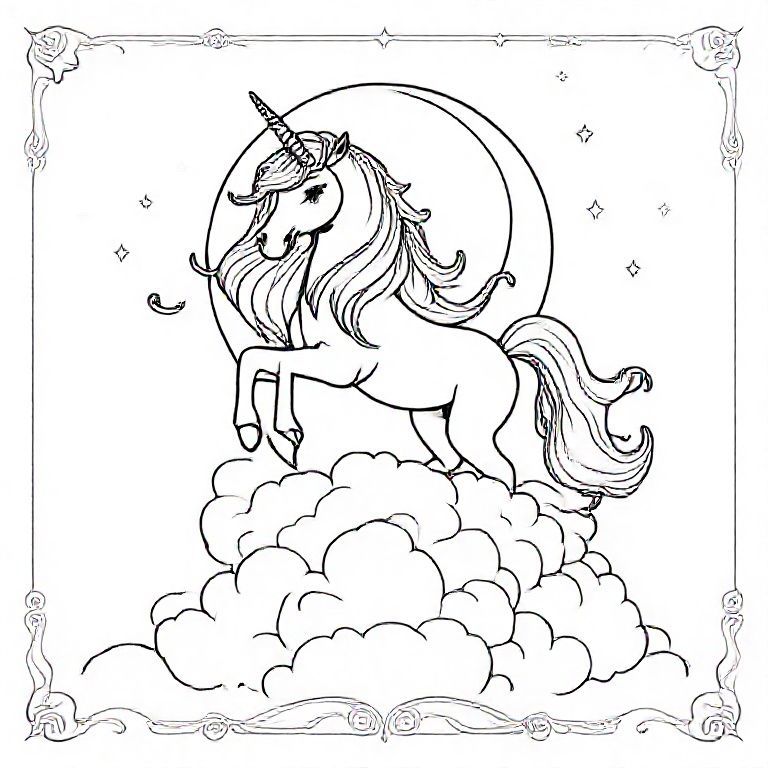 Một con kỳ lân hùng vĩ lơ lửng trên những đám mây, bờm dài bồng bềnh phát sáng như bụi sao, trăng lưỡi liềm phía sau, những vòng sao nhỏ lấp lánh tạo thành vầng hào quang, kết cấu đám mây nhiều lớp, đường viền trang trí với hoa văn thiên thể, đường viền đậm sạch sẽ để tô màu.