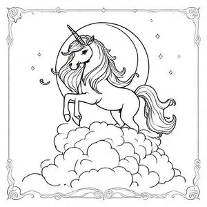Một con kỳ lân hùng vĩ lơ lửng trên những đám mây, bờm dài bồng bềnh phát sáng như bụi sao, trăng lưỡi liềm phía sau, những vòng sao nhỏ lấp lánh tạo thành vầng hào quang, kết cấu đám mây nhiều lớp, đường viền trang trí với hoa văn thiên thể, đường viền đậm sạch sẽ để tô màu.