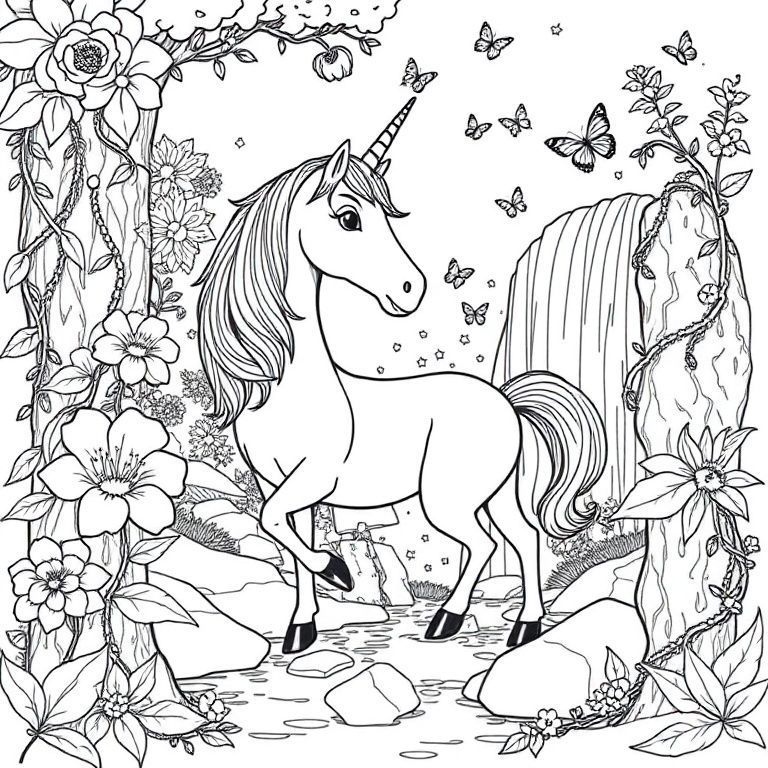 
Một con kỳ lân đứng bên cạnh thác nước xếp tầng, được bao quanh bởi những bông hoa tưởng tượng quá khổ, đom đóm phát sáng, dây leo và đá, hiệu ứng sương mù nhẹ nhàng (chỉ nghệ thuật đường nét), bướm xung quanh bờm, nền rừng kỳ diệu được đơn giản hóa cho trẻ em.