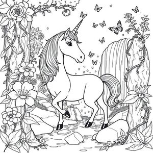 
Một con kỳ lân đứng bên cạnh thác nước xếp tầng, được bao quanh bởi những bông hoa tưởng tượng quá khổ, đom đóm phát sáng, dây leo và đá, hiệu ứng sương mù nhẹ nhàng (chỉ nghệ thuật đường nét), bướm xung quanh bờm, nền rừng kỳ diệu được đơn giản hóa cho trẻ em.