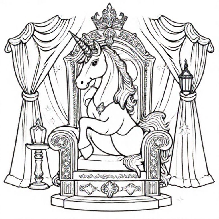 Một con kỳ lân mạnh mẽ ngồi trên ngai vàng hoàng gia được trang trí bằng đá quý, rèm cửa phía sau, vương miện trang trí công phu, đồ trang trí đối xứng, hai chiếc đèn lồng ở mỗi bên, lấp lánh mê hoặc, các khu vực rõ ràng để tô màu các hình dạng lớn.