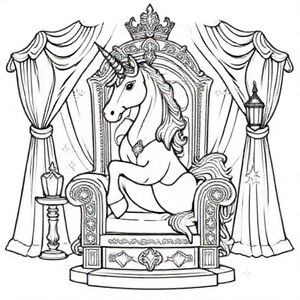 Một con kỳ lân mạnh mẽ ngồi trên ngai vàng hoàng gia được trang trí bằng đá quý, rèm cửa phía sau, vương miện trang trí công phu, đồ trang trí đối xứng, hai chiếc đèn lồng ở mỗi bên, lấp lánh mê hoặc, các khu vực rõ ràng để tô màu các hình dạng lớn.