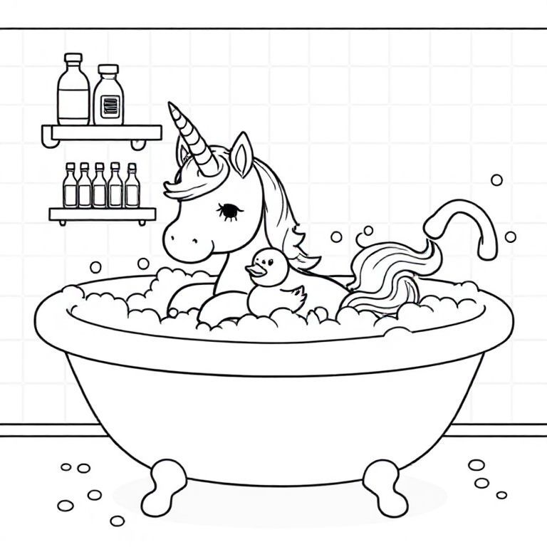 Kỳ lân con dễ thương thư giãn trong bồn tắm đầy bong bóng, vịt cao su nổi, kệ tắm có chai, xốp tràn, gạch nền tạo thành hoa văn hình học đơn giản, bắn tung tóe vui tươi.