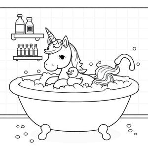 Kỳ lân con dễ thương thư giãn trong bồn tắm đầy bong bóng, vịt cao su nổi, kệ tắm có chai, xốp tràn, gạch nền tạo thành hoa văn hình học đơn giản, bắn tung tóe vui tươi.