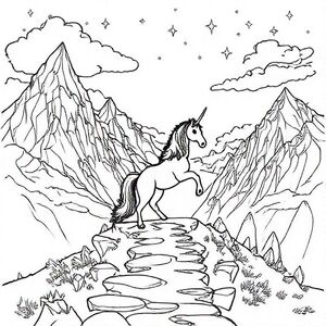 Kỳ lân leo lên con đường hướng tới những ngọn núi pha lê khổng lồ, những viên pha lê nhiều mặt xung quanh, những đường năng lượng kỳ diệu, những ngôi sao nhỏ lơ lửng trong không trung, những đám mây ôm lấy các đỉnh núi, phong cảnh tưởng tượng được đơn giản hóa để tô màu.