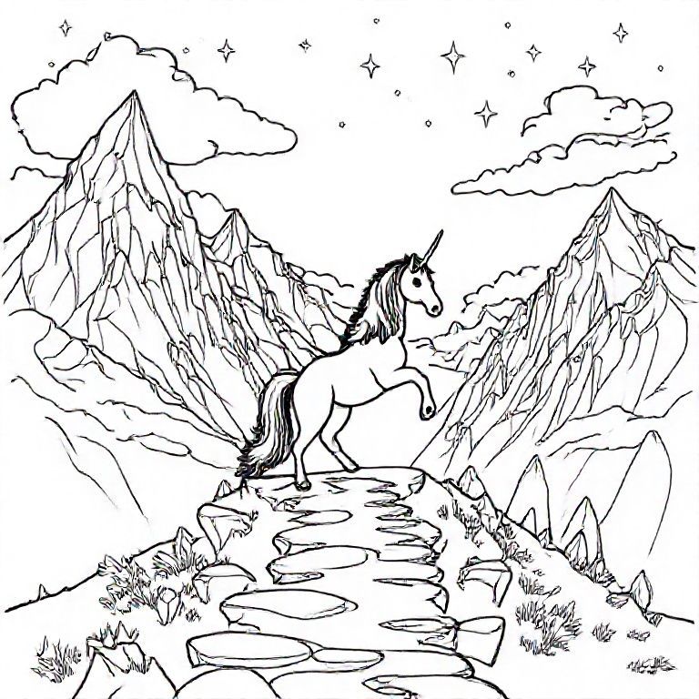 Kỳ lân leo lên con đường hướng tới những ngọn núi pha lê khổng lồ, những viên pha lê nhiều mặt xung quanh, những đường năng lượng kỳ diệu, những ngôi sao nhỏ lơ lửng trong không trung, những đám mây ôm lấy các đỉnh núi, phong cảnh tưởng tượng được đơn giản hóa để tô màu.