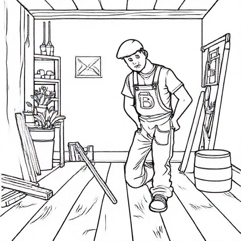 Show me a scene where a craftsman is laying parquet flooring, but he has to have a large B in the font “Belloscript” on his overalls or T-shirt.