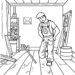 Show me a scene where a craftsman is laying parquet flooring, but he has to have a large B in the font “Belloscript” on his overalls or T-shirt.